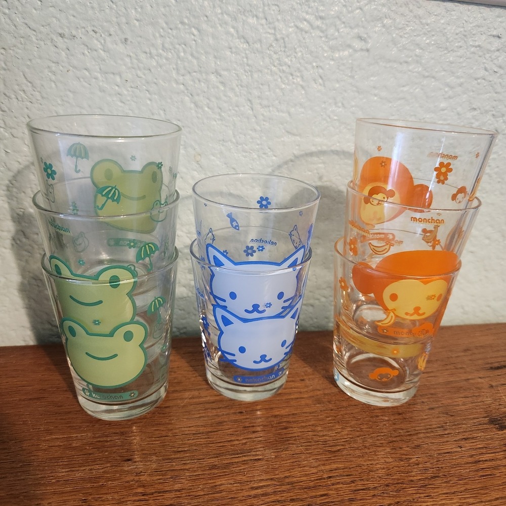 Showa Retro Glass Mini Anime Tumblers Nekochan Kerochan Monchan Set 8 Japanese